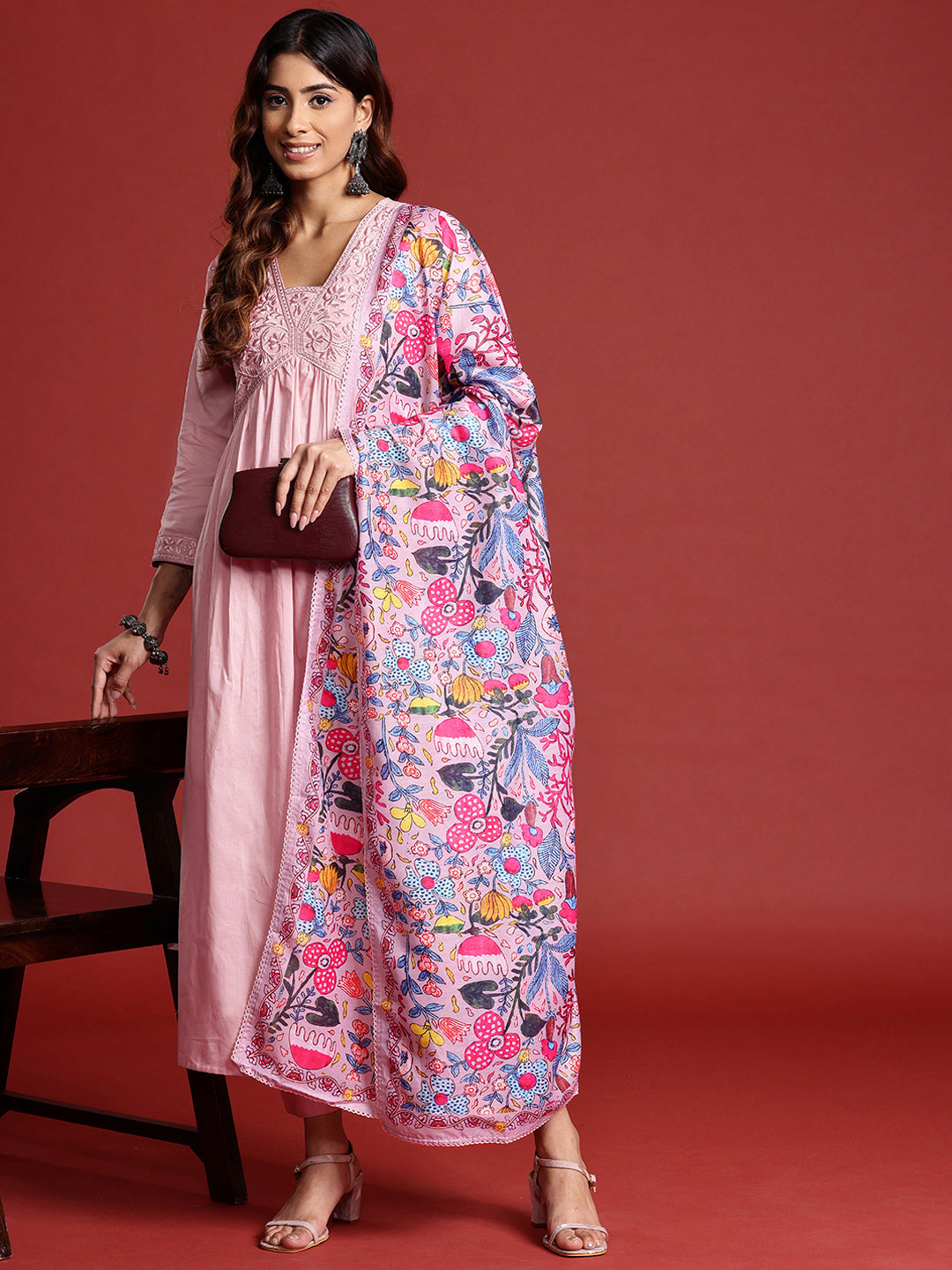 Women Floral Embroidered Pleated Thread Work Pure Cotton Kurta with Trousers & With Dupatta